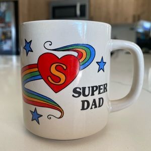 VTG Retro Heart Rainbow Stars Super Dad "S" White Coffee Mug